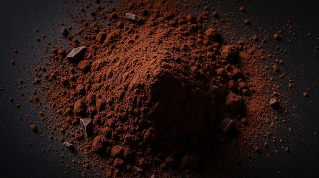 Loose dark brown cocoa powder mound scattered on black surface with small chocolate pieces. Rich ingredient for baking or drinks, food texture background.