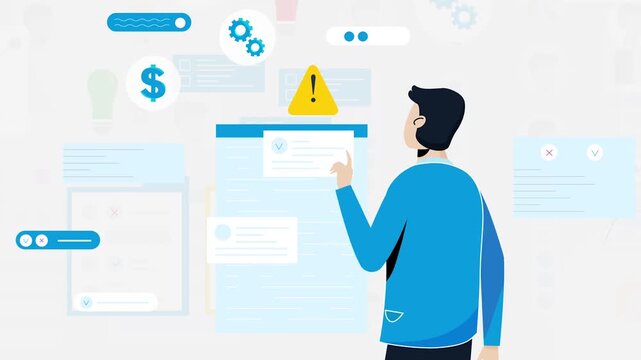 Businessman looking at interface with warning icon and star ratings
