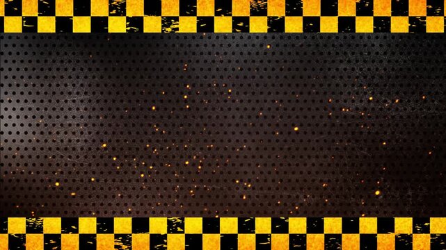 Yellow Black Block Pattern Safety Border Framing a Dark Industrial Perforated Metal Texture 4K 60 fps