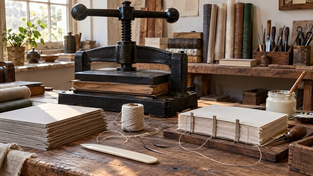 Book bindery workshop with a cast iron press and sewn signatures