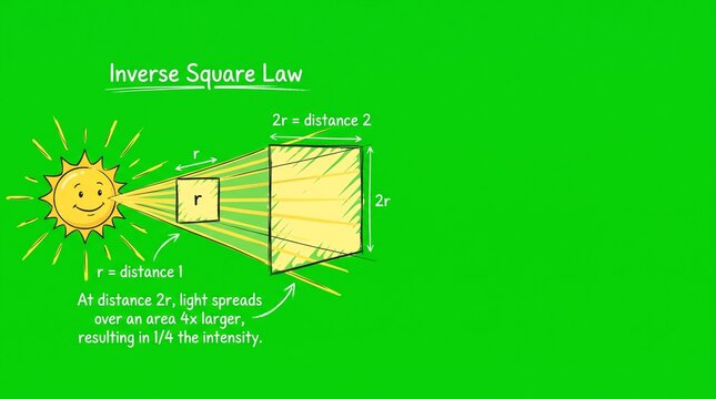 Illustration of inverse square law demonstrating light intensity reduction over increasing distance for physics education