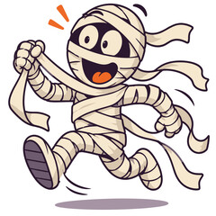 Fototapeta premium Happy cartoon mummy character running and jumping with bandages flying