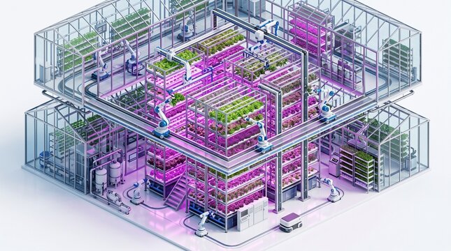 Isometric 3D render of high-tech vertical farm with robotic arms and hydroponic systems.