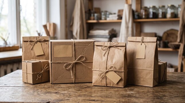 Paper bags and boxes tied with twine on table