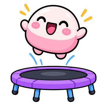 Happy pink cartoon character jumping on a purple trampoline