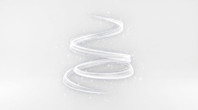 Abstract silver light ribbon spiral with glowing particles on a clean white background