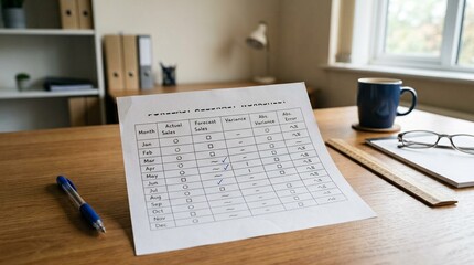Fototapeta premium Forecast accuracy worksheet on office desk – business planning worksheet and office documentation concept, flat lay, no people, copy space