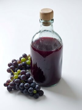 A clear glass bottle filled with red wine placed next to a fresh bunch of ripe dark purple grapes. Plastic-free juice bottles