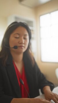 Woman wearing headset types on keyboard with hands on keys and speaks into microphone as customer service agent in building; focused support.