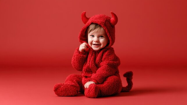 Cute baby dressed in red fluffy devil costume with horns and tail sitting smiling on red background studio shot