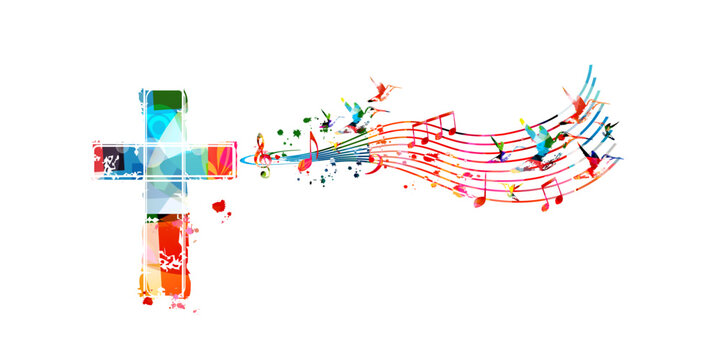 Colorful christian cross with music notes isolated vector illustration. Religion themed background. Design for gospel church music, concert, festival, choir singing, Christianity, prayer