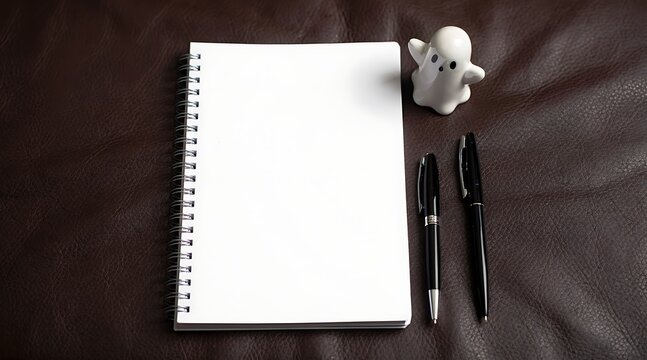 Blank spiral notebook mockup with black pens and a cute white ghost figurine on a brown leather texture surface, perfect for Halloween planning, journaling, or ghostwriting concept.