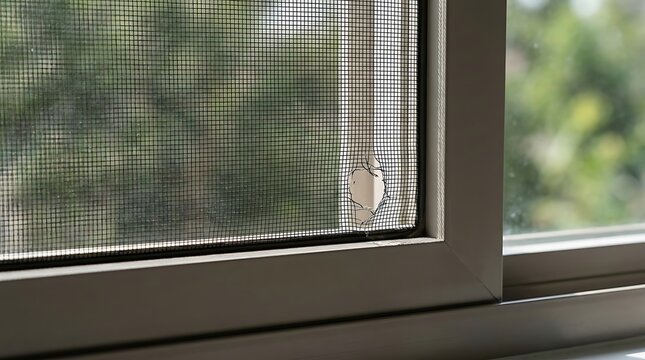 Small Tear in Window Insect Screen Mesh Showing Damaged Screen and Home Maintenance Repair