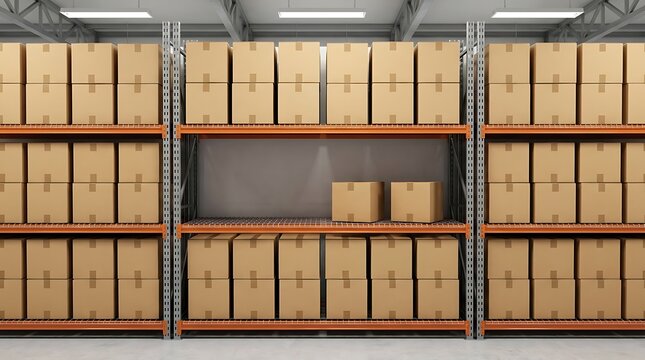 Partially Empty Warehouse Shelf with Low Inventory Showing Stock Replenishment and Supply Shortage