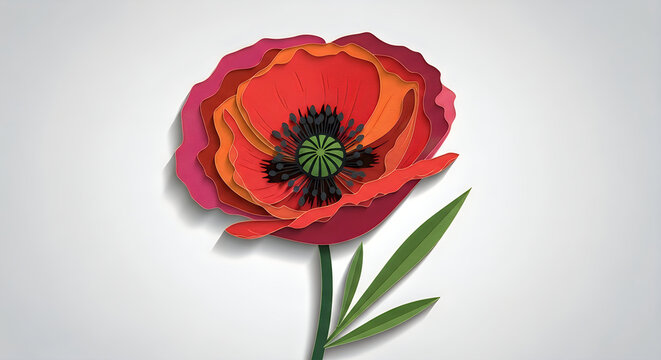 Single red poppy flower in full bloom against a white background