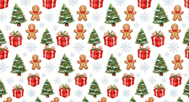 christmas seamless pattern with gingerbread man and gifts