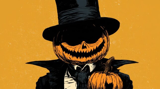 Spooky pumpkin head figure in black suit and tall top hat holding orange pumpkin on textured orange background illustration