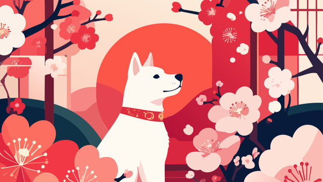 梅の花と朝日の中にたたずむ白い犬の和風イメージ_1920x1080px
