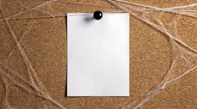 Blank White Paper Sheet Pinned on Corkboard Background Covered with Spooky Spider Webs, Mockup for Forgotten Message, Abandoned Notice or Halloween Announcement Template with Copy Space