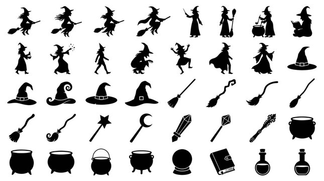 Halloween witch silhouettes set with magic brooms and hats for scary autumn party decorations, spooky invitations, banners, and craft designs isolated on transparent background halloween