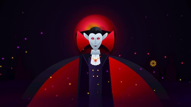 A front facing portrait illustration depicts a classic vampire character wearing a high collared red cape over a dark formal tuxedo with a bowtie. The male monster features pale greenish skin, sleek b