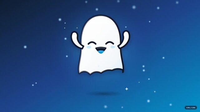 A cute vector illustration features a friendly ghost character with raised arms and a wide joyful smile on a clean isolated background. Designed with bold black outlines, smooth curves, and a soft pin