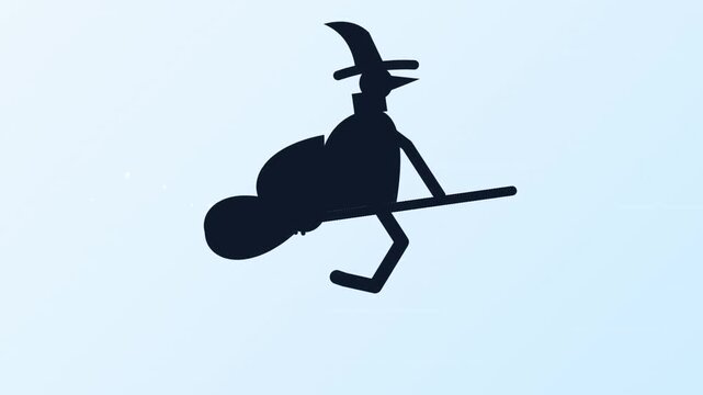 A minimalist black silhouette vector icon depicts a classic witch riding a broomstick diagonally across a clean background. The figure wears a pointed hat and leans forward in dynamic flight position,