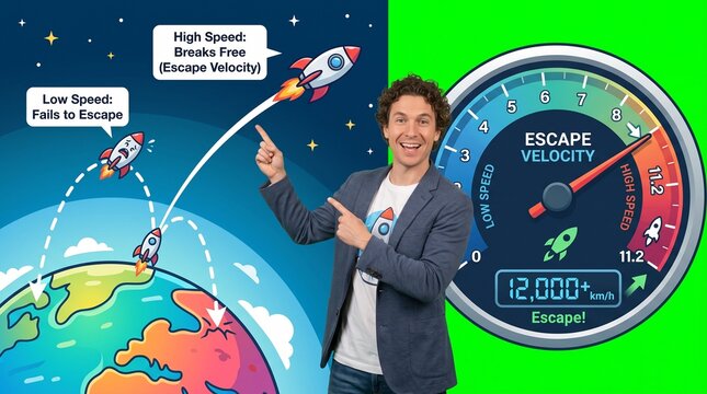 Science presenter demonstrating escape velocity concept with rocket model and speed gauge