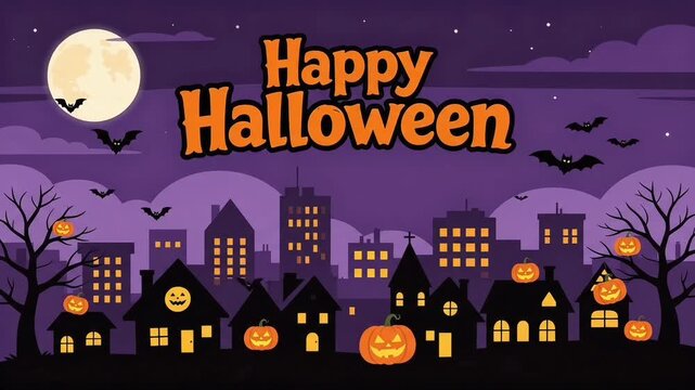 Spooky Halloween Village Silhouette at Night with Jack O Lantern Pumpkins in the Foreground
