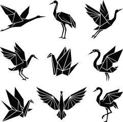 Fototapeta premium Origami cranes in various flight poses as geometric black silhouettes against a white background for modern design