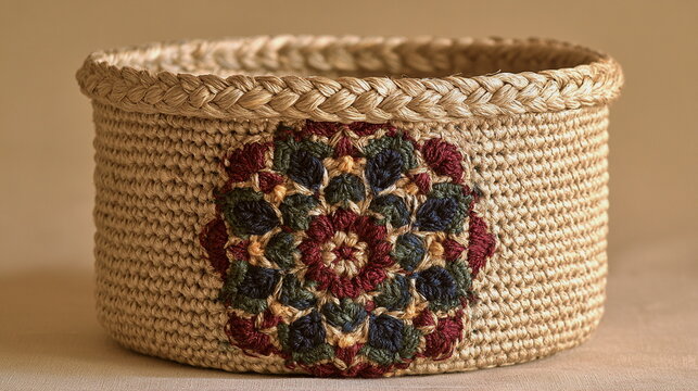 Close-up of a handwoven basket with a bold floral medallion, natural jute texture, colorful folk embroidery, rustic craft and vintage home decor style.