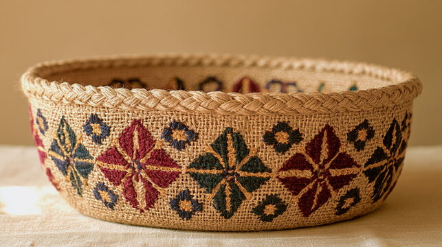 Handwoven rustic basket with a colorful geometric folk pattern, natural fiber texture, vintage textile craft, traditional decor and cozy country style.