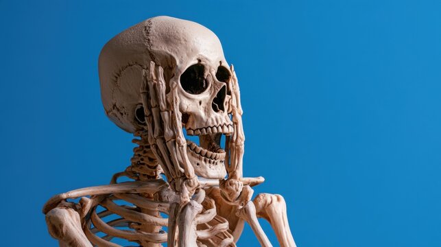 Human skeleton model holding head with hands showing jaw and skull detail on blue background with expressive gesture