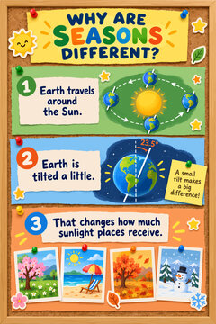 Colorful kids science infographic on a corkboard explaining why seasons change: Earth travels around the Sun, is tilted 23.5 degrees, and receives different amounts of sunlight.