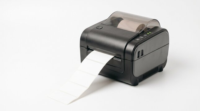 Black thermal label printer printing blank adhesive stickers on a clean white background