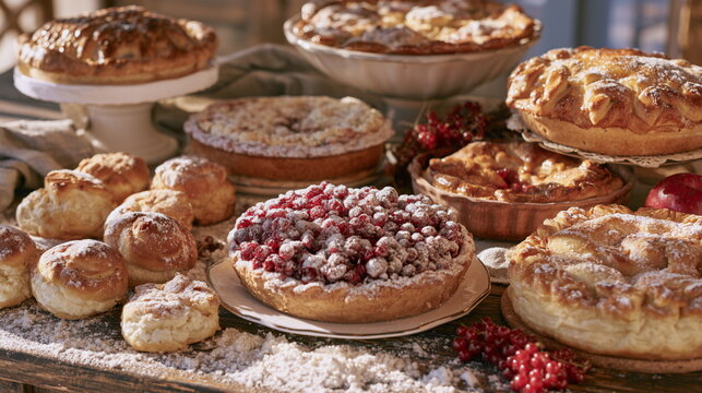 Fresh baked pies, buns & berry tarts arranged on a rustic table, golden homemade pastries, sweet treats, flour dust and warm cozy country baking mood.