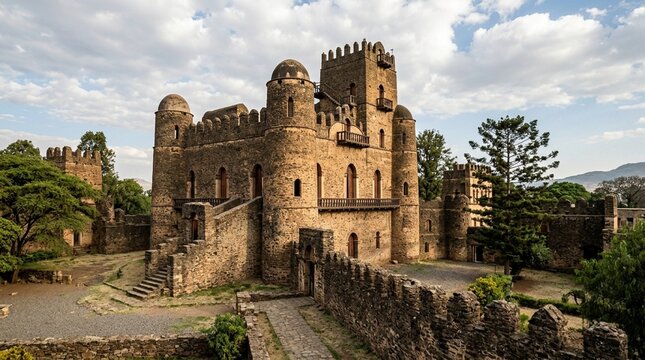 Ancient Ethiopian Castle Fortress with Stone Walls and Towers