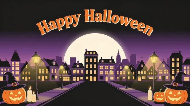 Happy Halloween City Street with Giant Full Moon, Spooky Buildings, and Night Sky Vector Background
