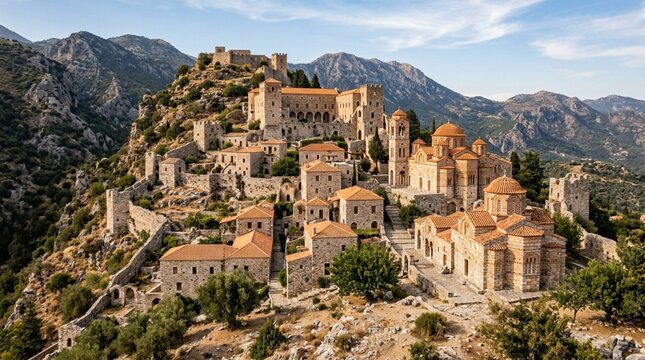 Ancient Greek Monasteries on Hilltop, Mystras, Greece - Panoramic View