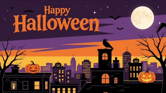 Happy Halloween Sunset Cityscape with Crow Silhouette, Orange Sky, and Spooky Buildings Illustration