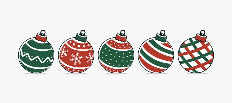 Christmas ornament collection featuring red and green baubles with snowflakes, stripes, dots, and patterns. Festive holiday decorations for cards, gifts, banners, backgrounds, and seasonal designs.
