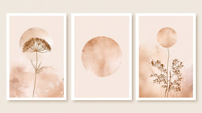 Rustic boho watercolor backdrop concept. Abstract triptych art with floral and circular textured elements in neutral tones