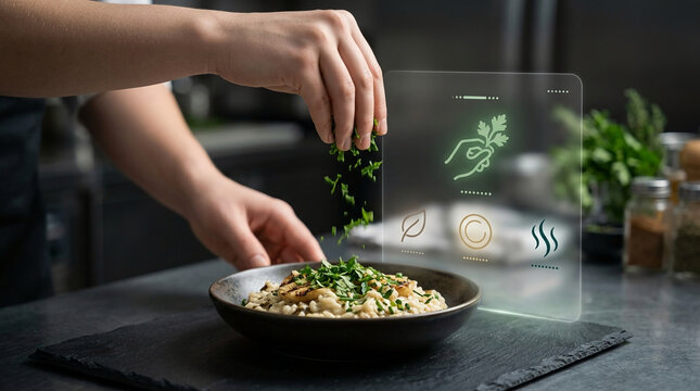 Professional Chef Sprinkling Fresh Herbs on a Gourmet Risotto Dish Featuring a Futuristic Holographic Smart Kitchen Interface for Precision Cooking