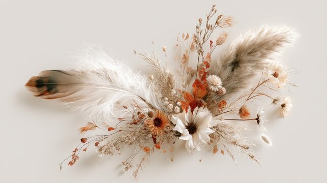 Rustic boho watercolor backdrop concept. Minimalist dried flower arrangement with feathers on a neutral background.