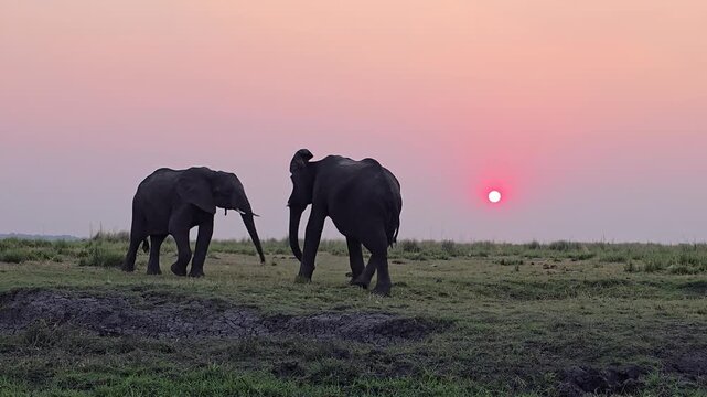 Elephants at sunset
