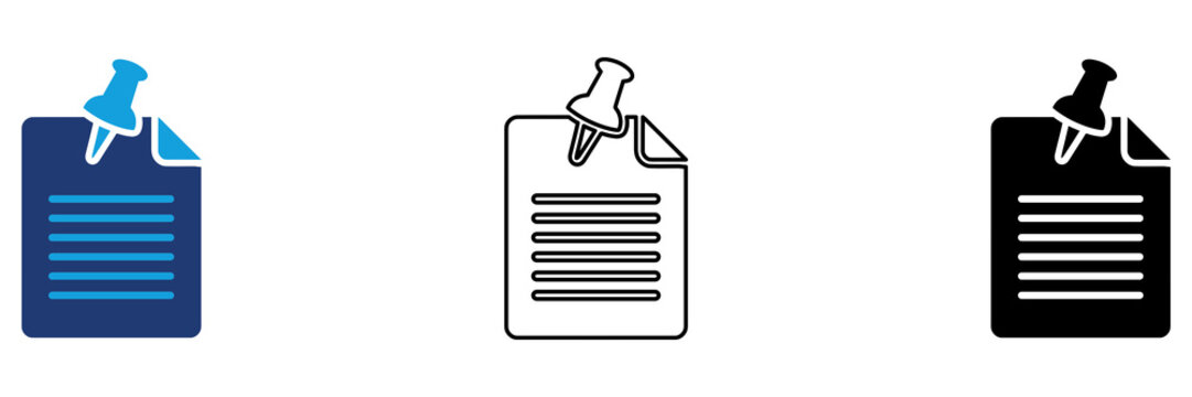 Multicolor Pinned Document Icon Set with Filled and Outline Styles for Important Files Document Organization Record Management Office Administration and Information Tracking 