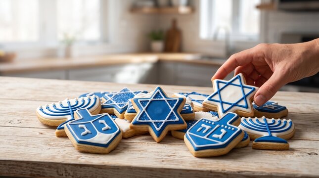 Blue and white Hanukkah cookies, Hanukkah cookies with menorah and Star of David designs on wooden table  