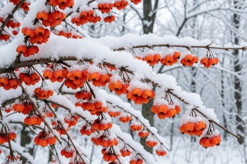 Fototapeta premium Bright orange berries of Euonymus europaeus hang from snow covered branches. Winter frost, white snow decorate wild spindle bush in cold forest. Seasonal nature scene shows vibrant fruit against