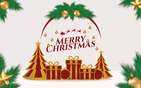 Elegant Christmas greeting design featuring golden ornaments, pine branches, decorative trees, wrapped gifts, Santa's sleigh, and festive typography. Classic red and gold colors create a warm holiday