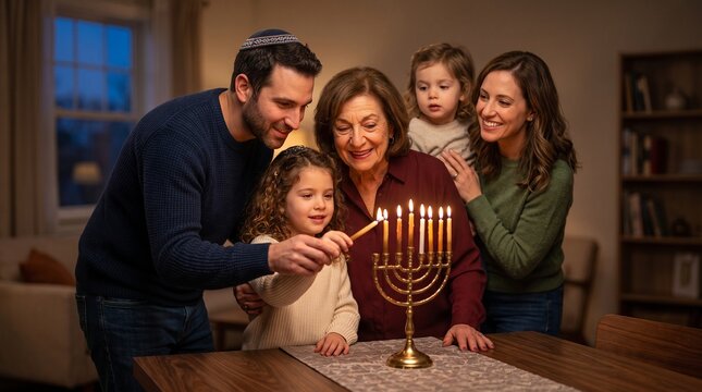 Family lighting the menorah, Jewish family lighting menorah together during Hanukkah in cozy living room  